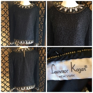 LAWRENCE KAZAR BLACK BEADED GOLD LONG SLEEVE TOP‎ Size 2